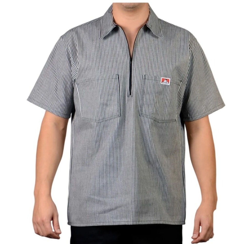 Ben Davis Hickory Stripe Short Sleeve 1/2 Zip Vintage Shirt Blue White Mens XL